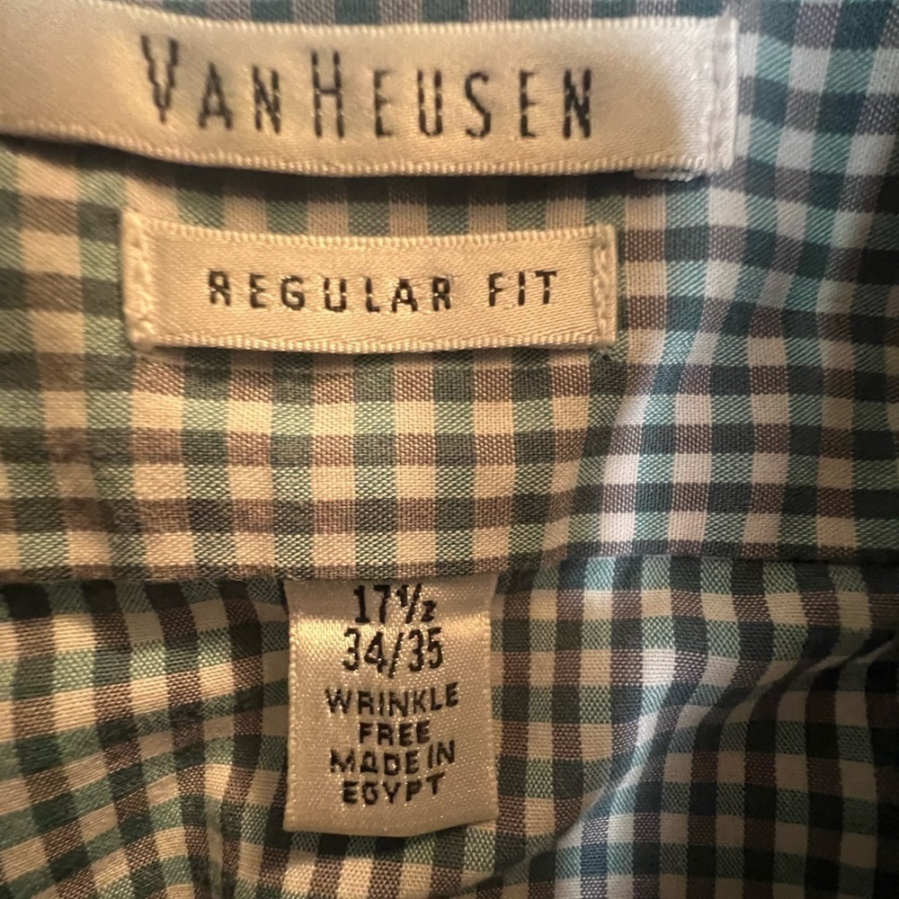 Van Heusen Green Gray White Checkered Casual Button Down Shirt. Regular fit - Picture 4 of 4